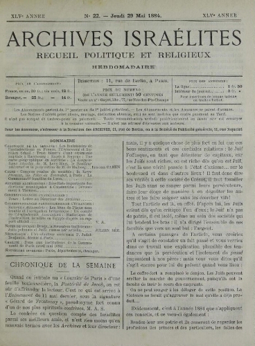 Archives israélites de France. Vol.45 N°22 (29 mai 1884)